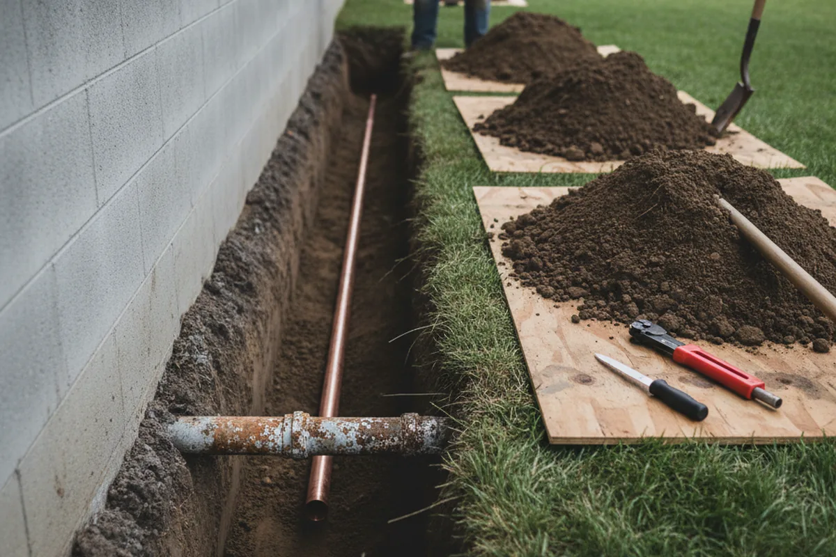 Excavated water line trench during Water Heater Repair in Midland